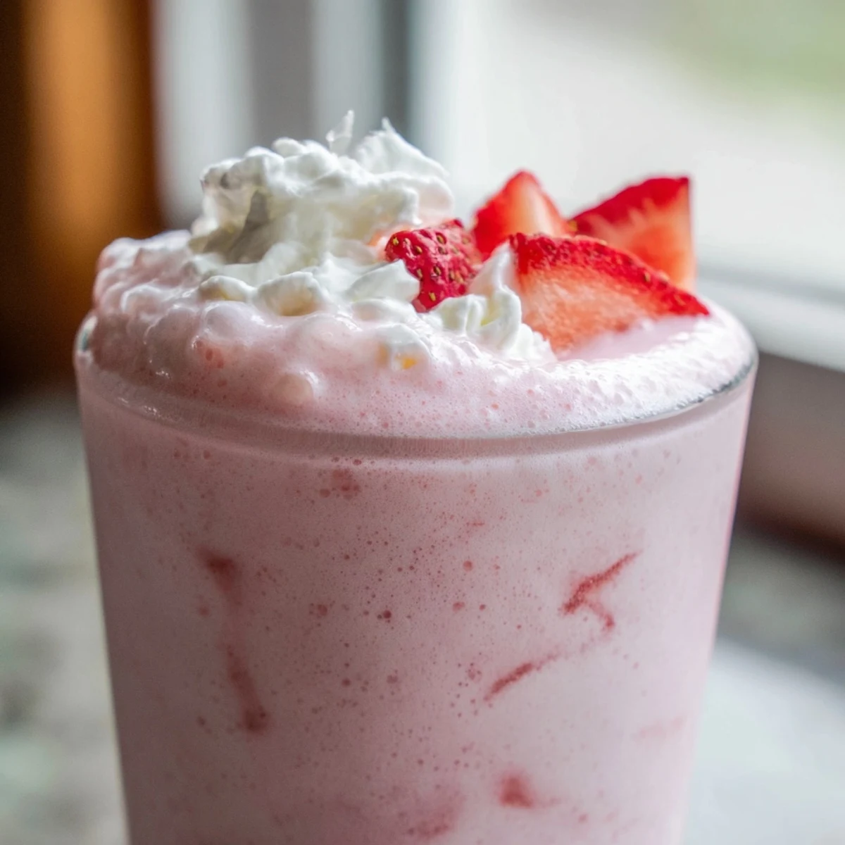 Blended ice-cold strawberry cream Frappuccino showcasing pink frothy texture in clear glass with strawberry garnish