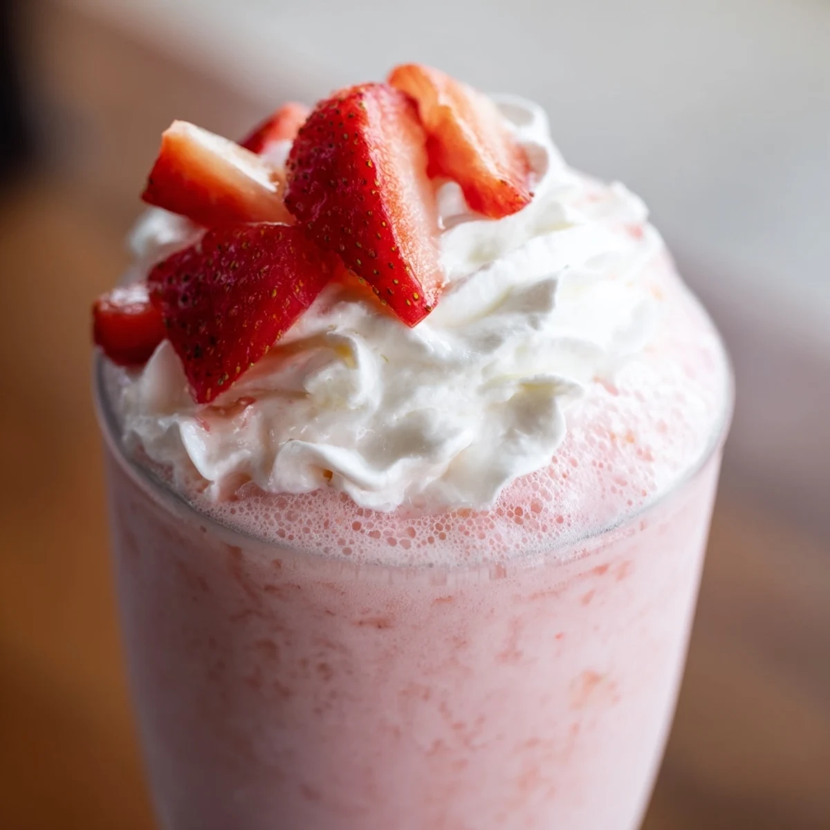 Creamy refreshing strawberry cream Frappuccino drink with ice crystals and red berry swirl in tall glass