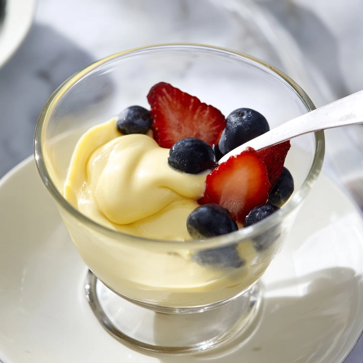 Silky homemade Zabaglione dessert with Marsala wine whipped into fluffy pale yellow ribbons