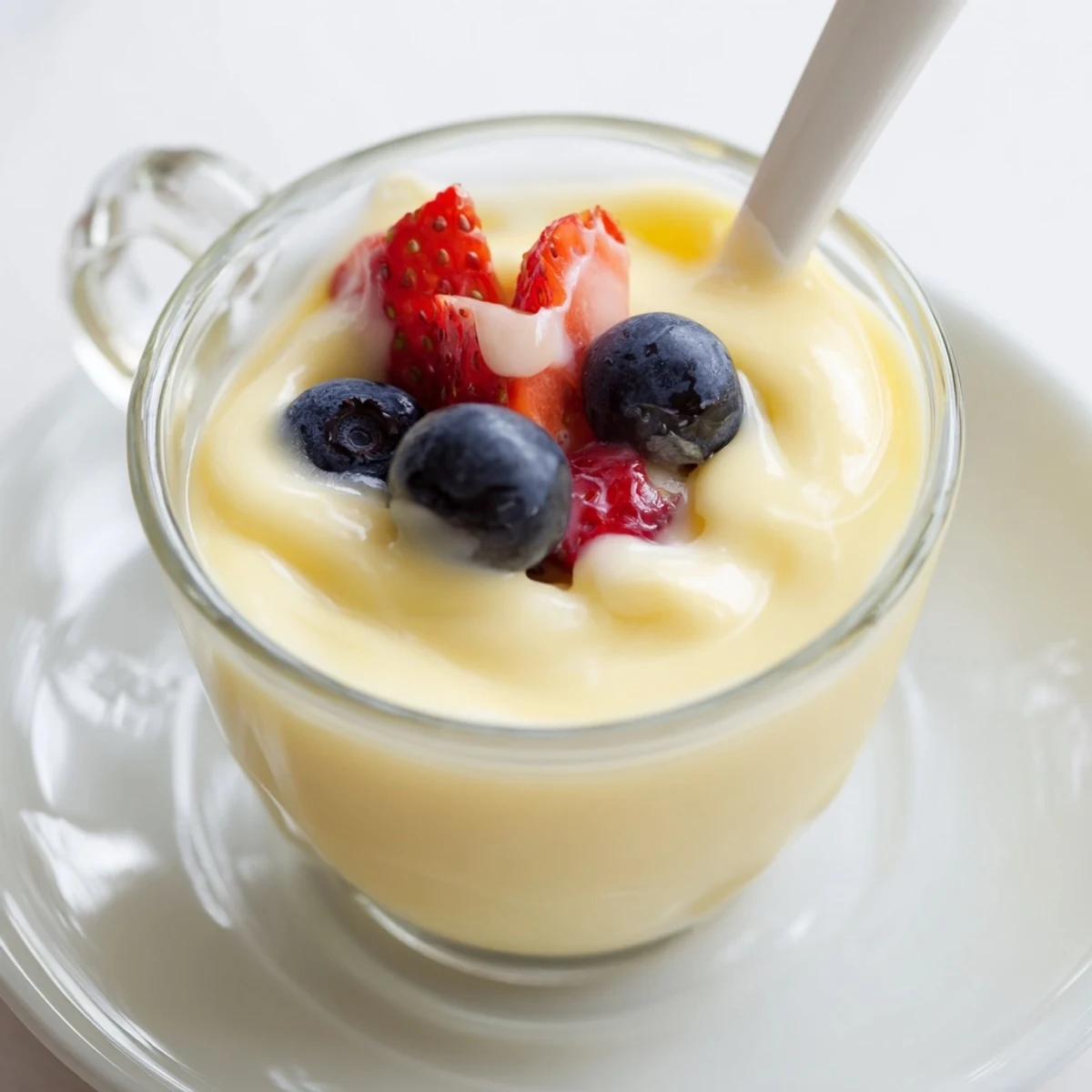 Classic warm Zabaglione custard spooned into decorative cups topped with vibrant fresh strawberries