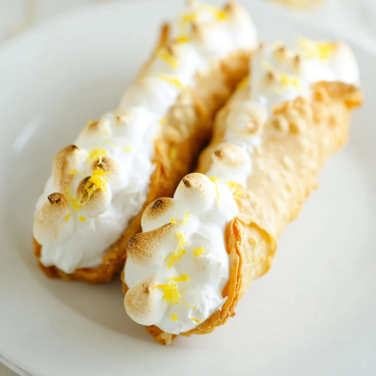 Hand-held dessert featuring golden brown toasted meringue atop these easy lemon meringue cannoli treats