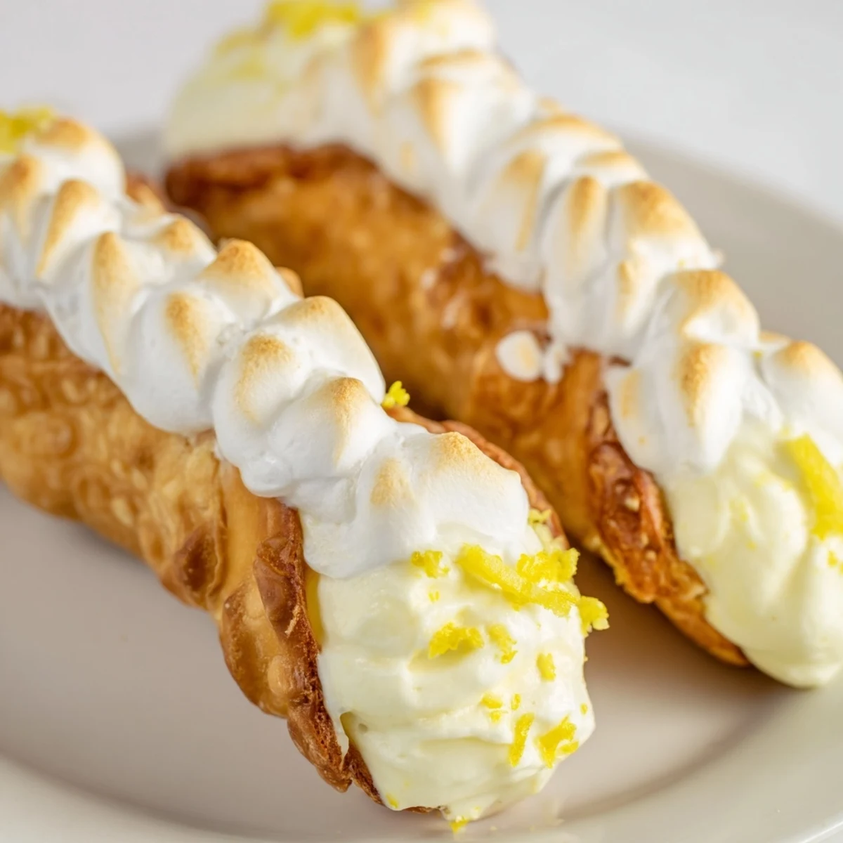 Crispy Italian pastry shells piped with bright lemon cream and topped with easy lemon meringue cannoli