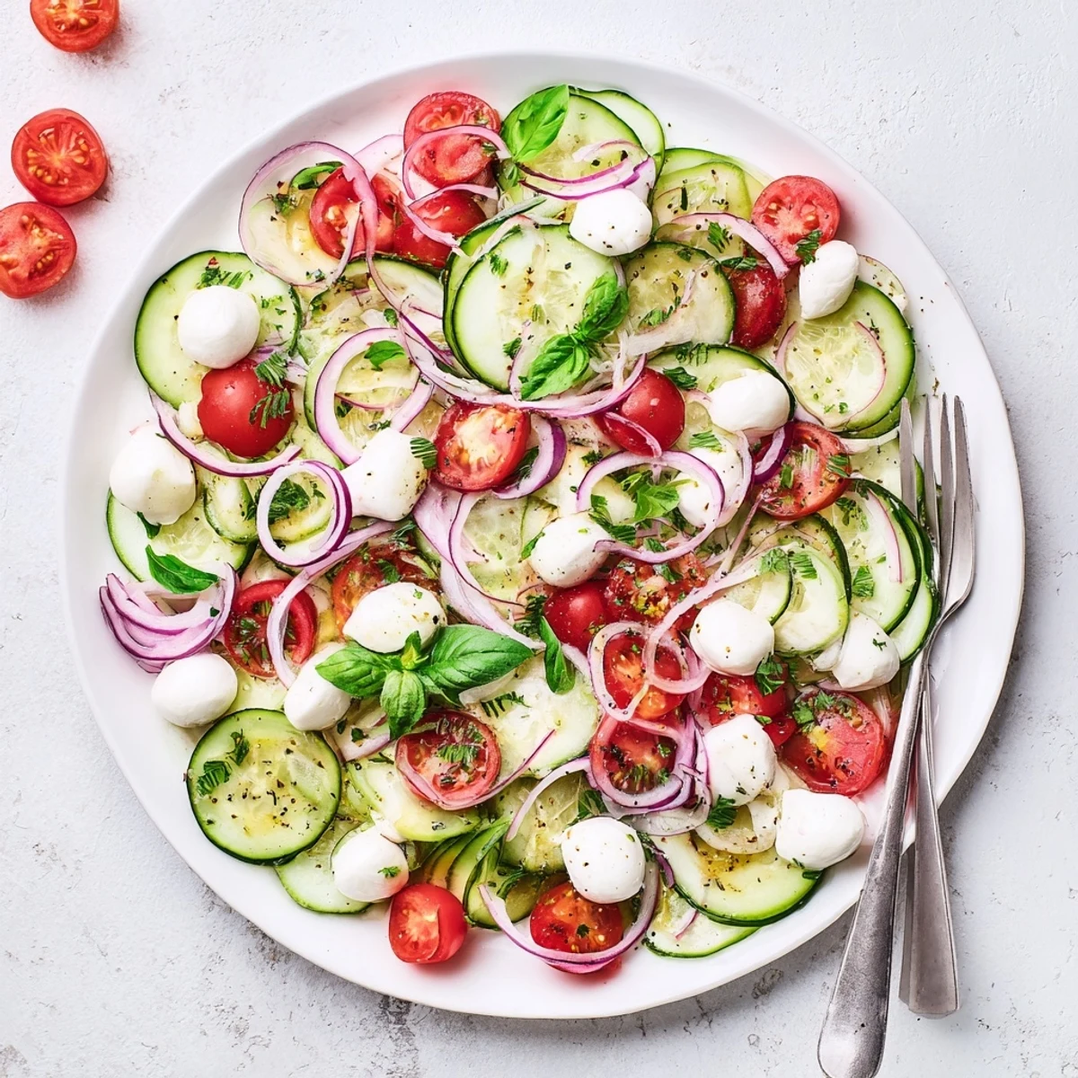 Crisp cucumber and mozzarella salad with vibrant tomatoes and basil in glass serving dish