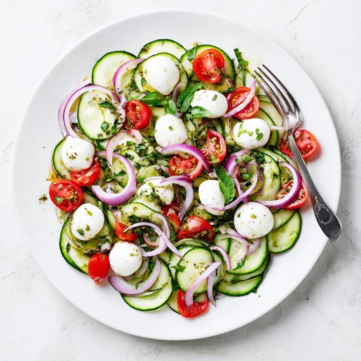 Fresh cucumber mozzarella salad bowl with cherry tomatoes and herb drizzle on white table
