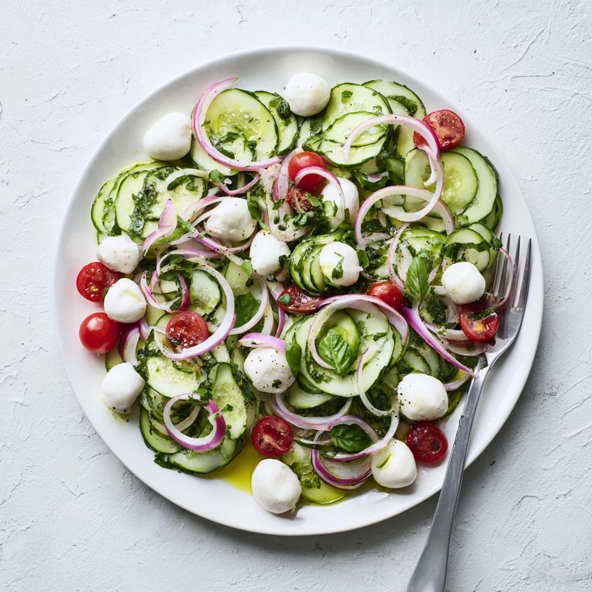 Mediterranean cucumber mozzarella salad plated with creamy cheese and zesty herb dressing