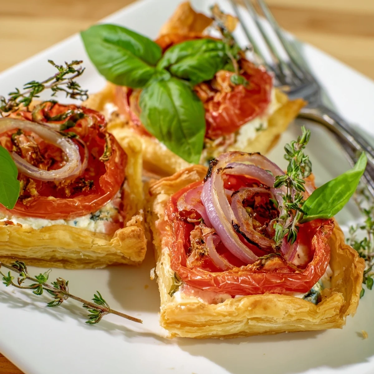 Golden tomato tartlets with puff pastry feature melted goat cheese and fresh basil garnish