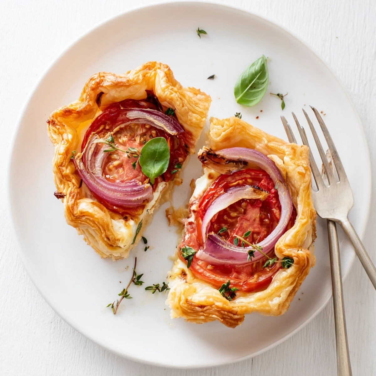 Flaky tomato tartlets with puff pastry layered with vibrant tomato slices and aromatic herbs