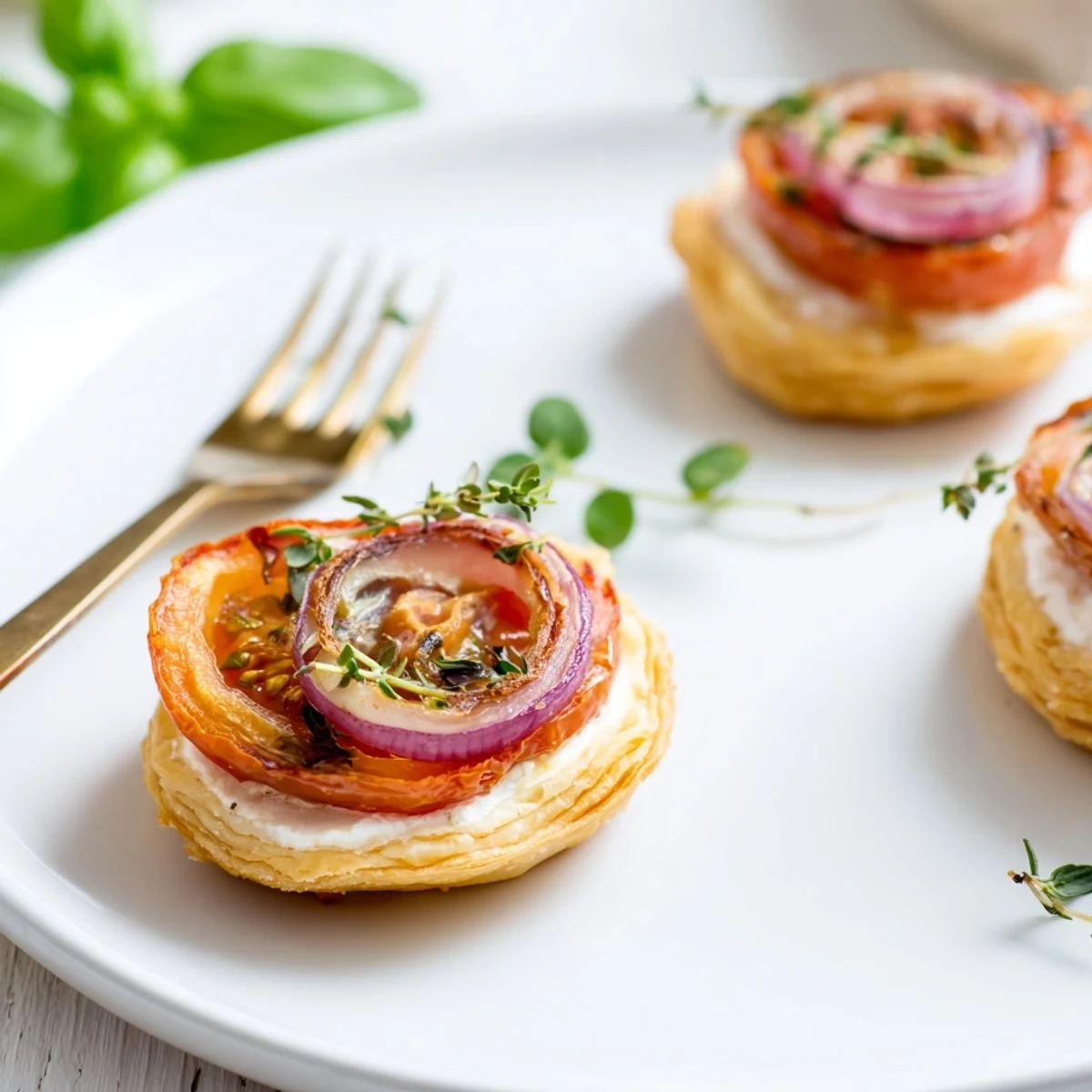 Baked tomato tartlets with puff pastry topped with juicy tomatoes and creamy cheese filling