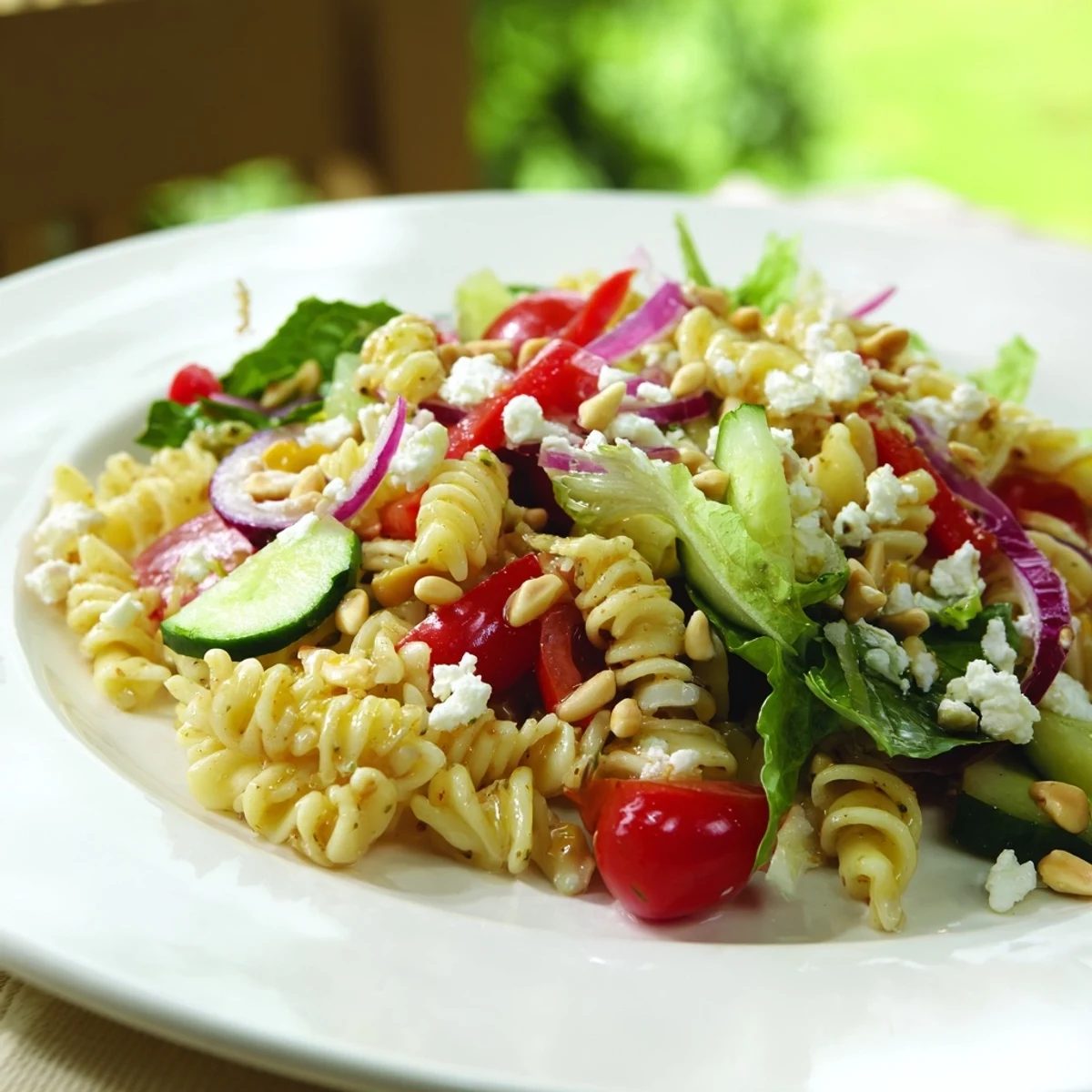 Summer pasta salad with baby greens featuring colorful cherry tomatoes, crisp cucumber, and crumbled feta in a light lemon-herb dressing