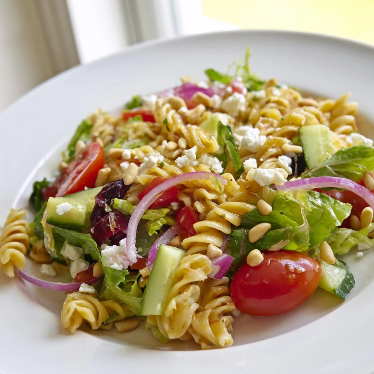 Fresh summer pasta salad with baby greens tossed with crisp vegetables, tangy feta cheese, and toasted pine nuts for a refreshing side dish