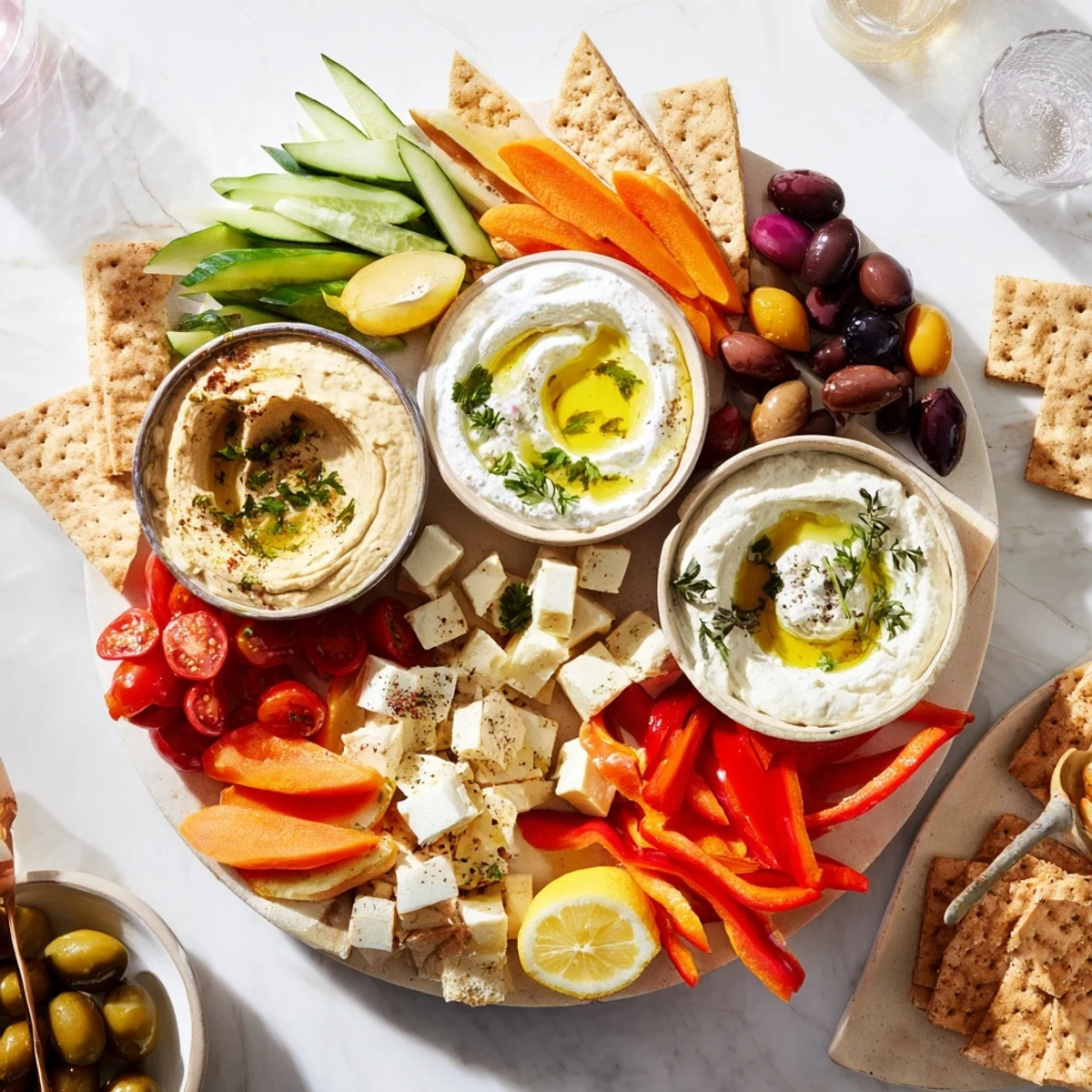 Vibrant appetizer spread with baba ganoush, feta cheese, cherry tomatoes, and tzatziki dips perfect for sharing at gatherings