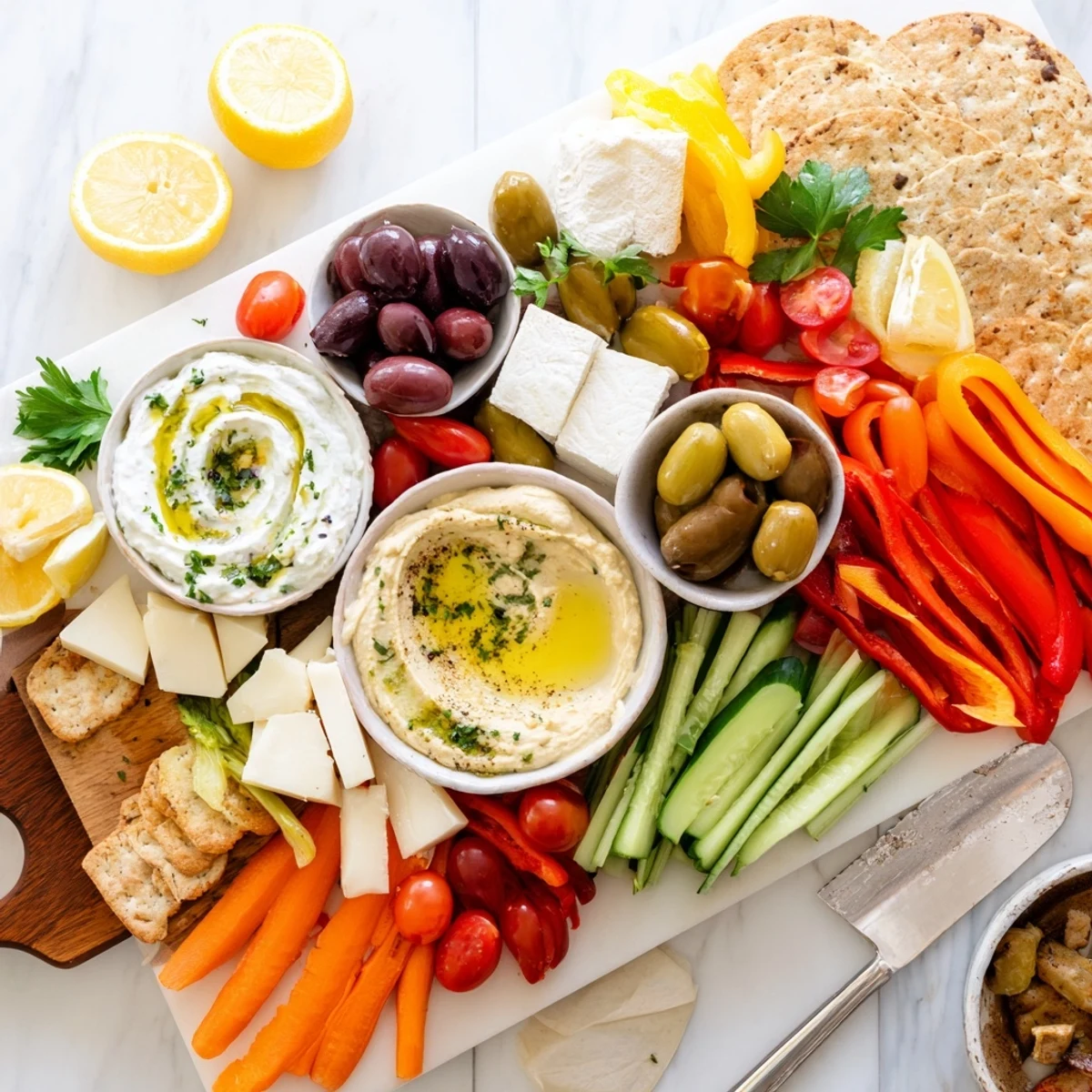 Colorful Mediterranean mezze tapas platter featuring hummus, fresh vegetables, olives, and warm pita bread arranged on a wooden serving board