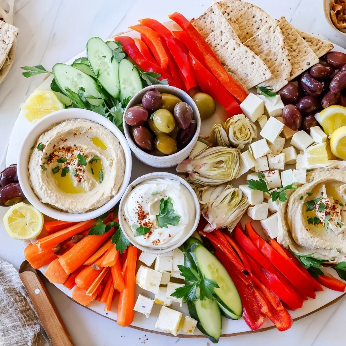 Inviting Mediterranean mezze tapas platter displaying artichokes, halloumi, carrots, and crusty baguette slices ready for entertaining guests