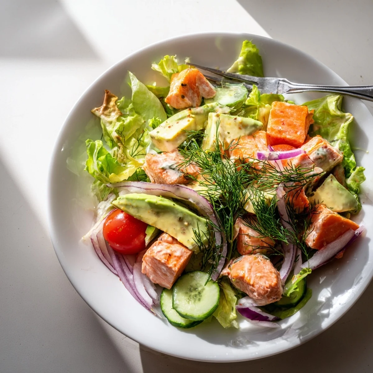 Fresh flaked salmon atop mixed greens with cherry tomatoes avocado and zesty lemon dressing