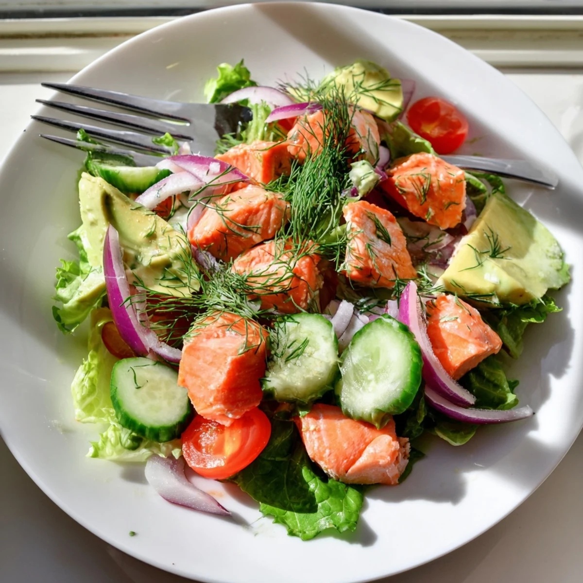 Colorful minute salmon salad bowl featuring crisp vegetables tender fish and bright citrus garnish