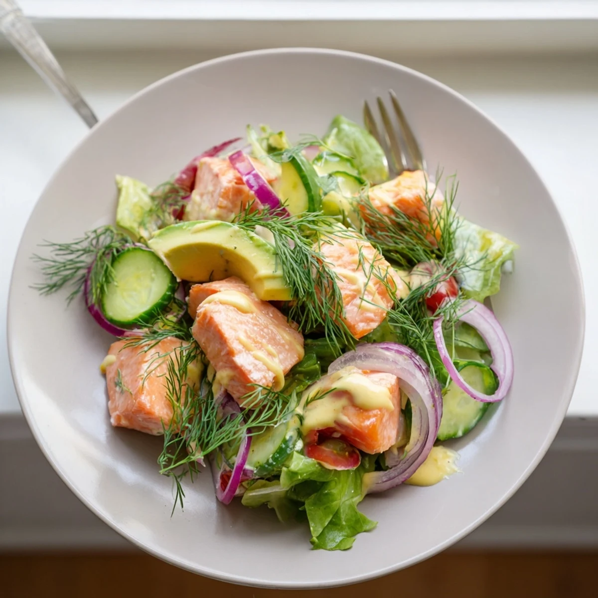 Healthy salmon salad with juicy pink chunks cucumbers tomatoes and honey mustard lemon dressing