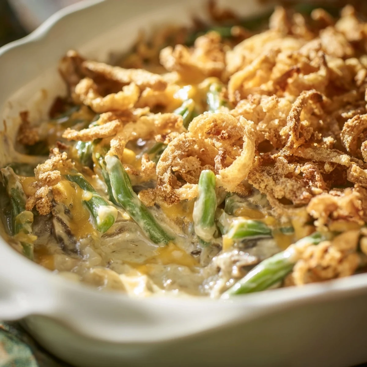 Creamy green bean casserole with Ritz crackers bubbling in a white baking dish