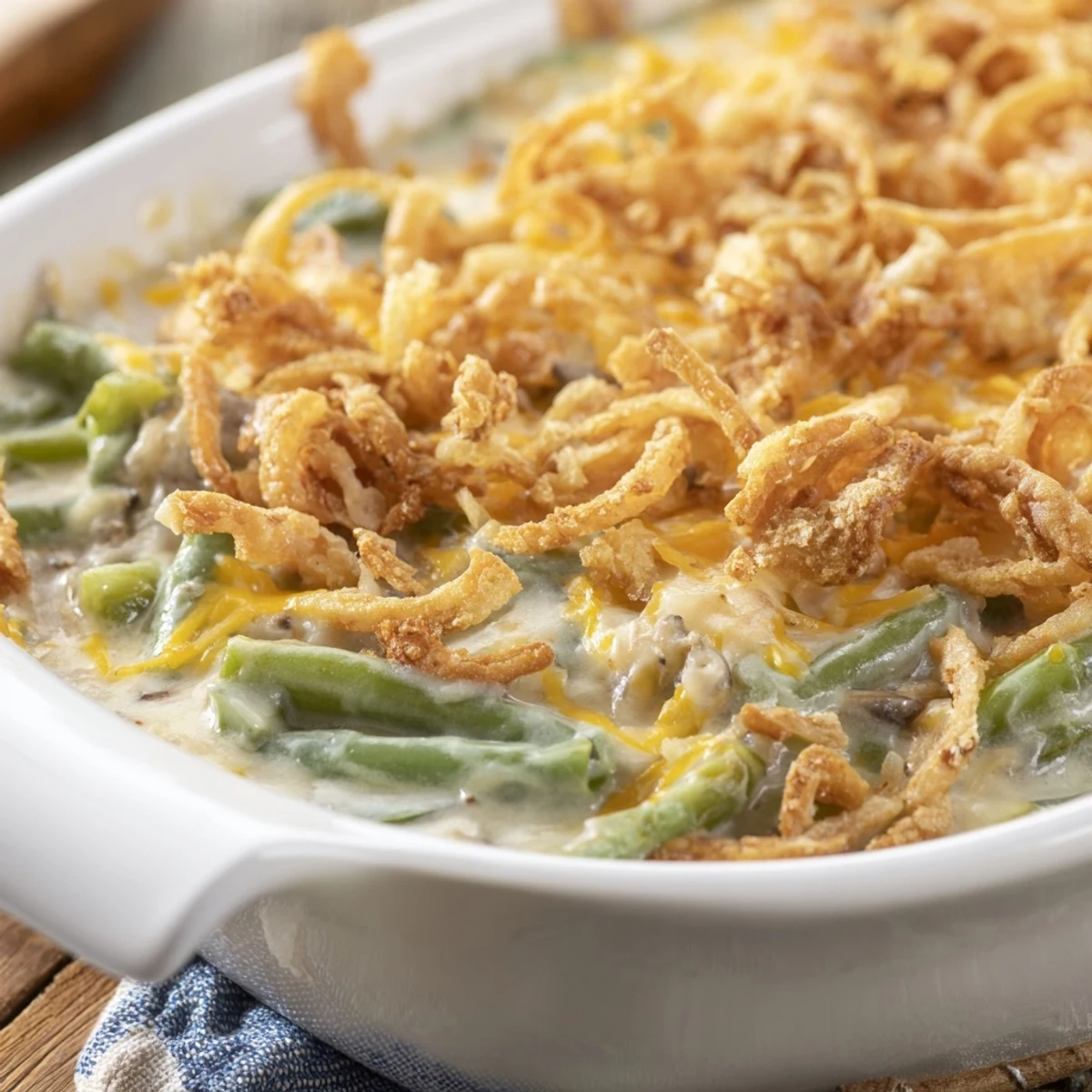 Golden baked green bean casserole with Ritz crackers featuring a crispy buttery topping