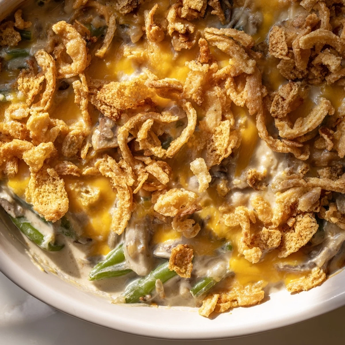 Holiday green bean casserole topped with golden brown Ritz cracker crumbs and fried onions