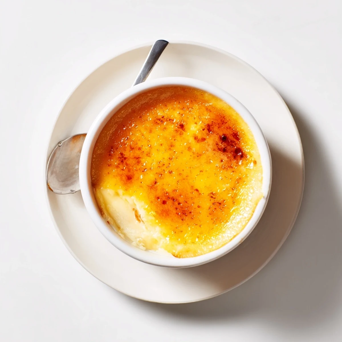 Golden caramelized sugar crust atop creamy persimmon crème brûlée in white ramekin