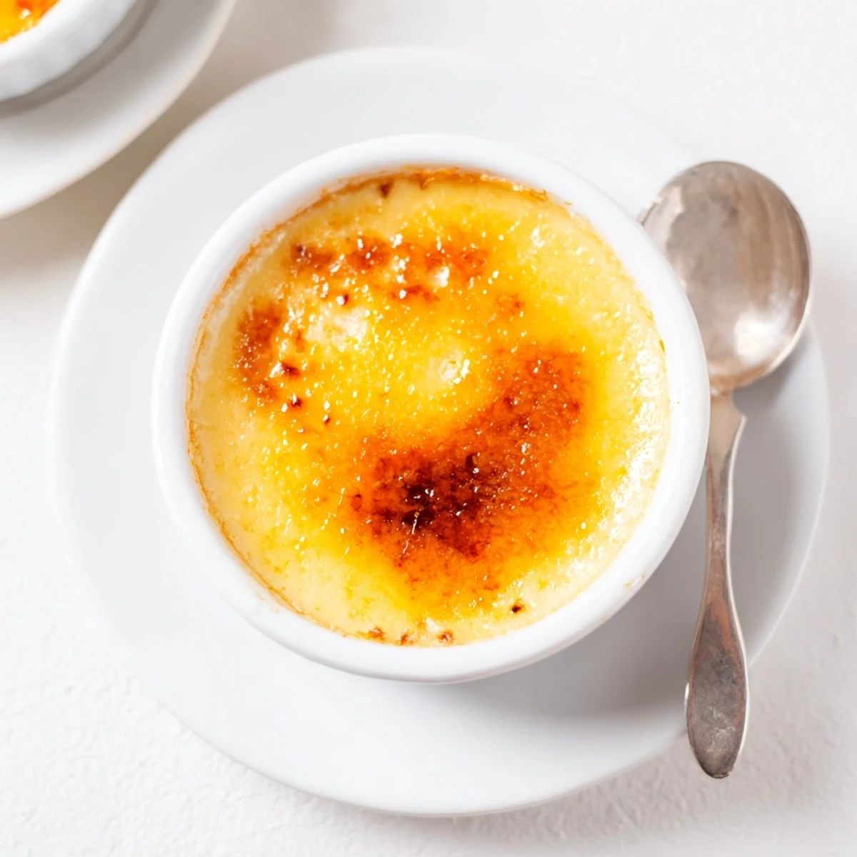 French persimmon crème brûlée dessert with crisp brûléed sugar layer and smooth custard base