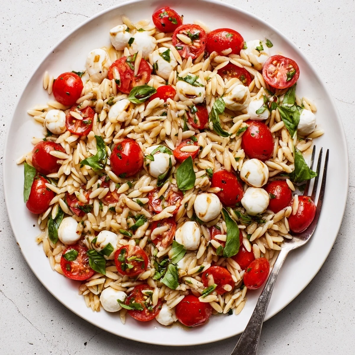 Fresh Caprese orzo pasta salad featuring juicy cherry tomatoes, creamy mozzarella pearls, and fragrant basil tossed in tangy balsamic vinaigrette