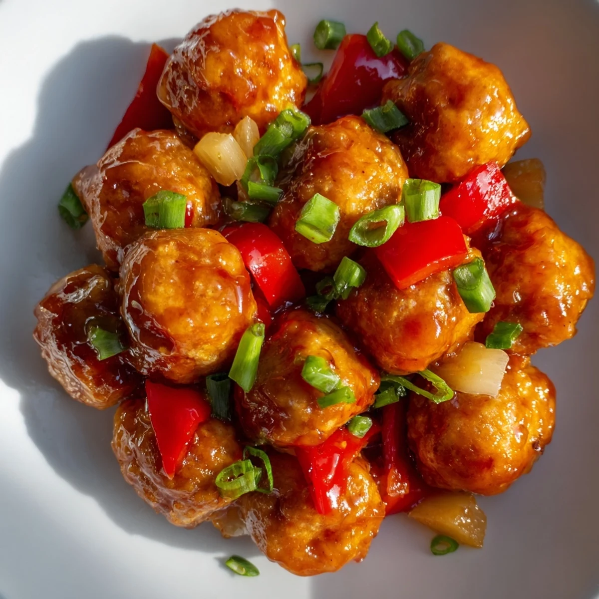 Golden brown meatballs coated in glossy sweet pineapple sauce with colorful bell pepper chunks