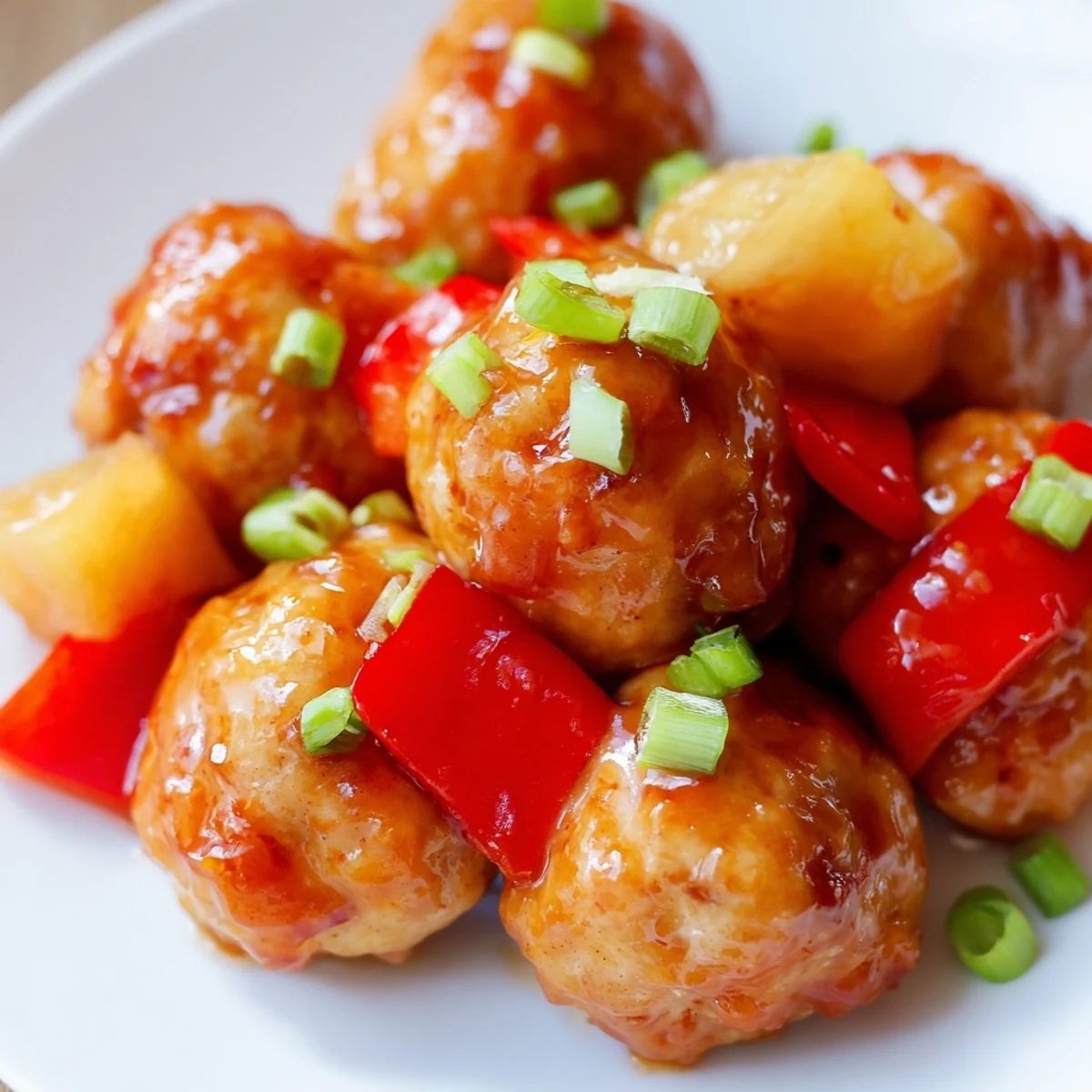 Tender chicken or turkey meatballs simmered in tangy pineapple glaze garnished with fresh green onions