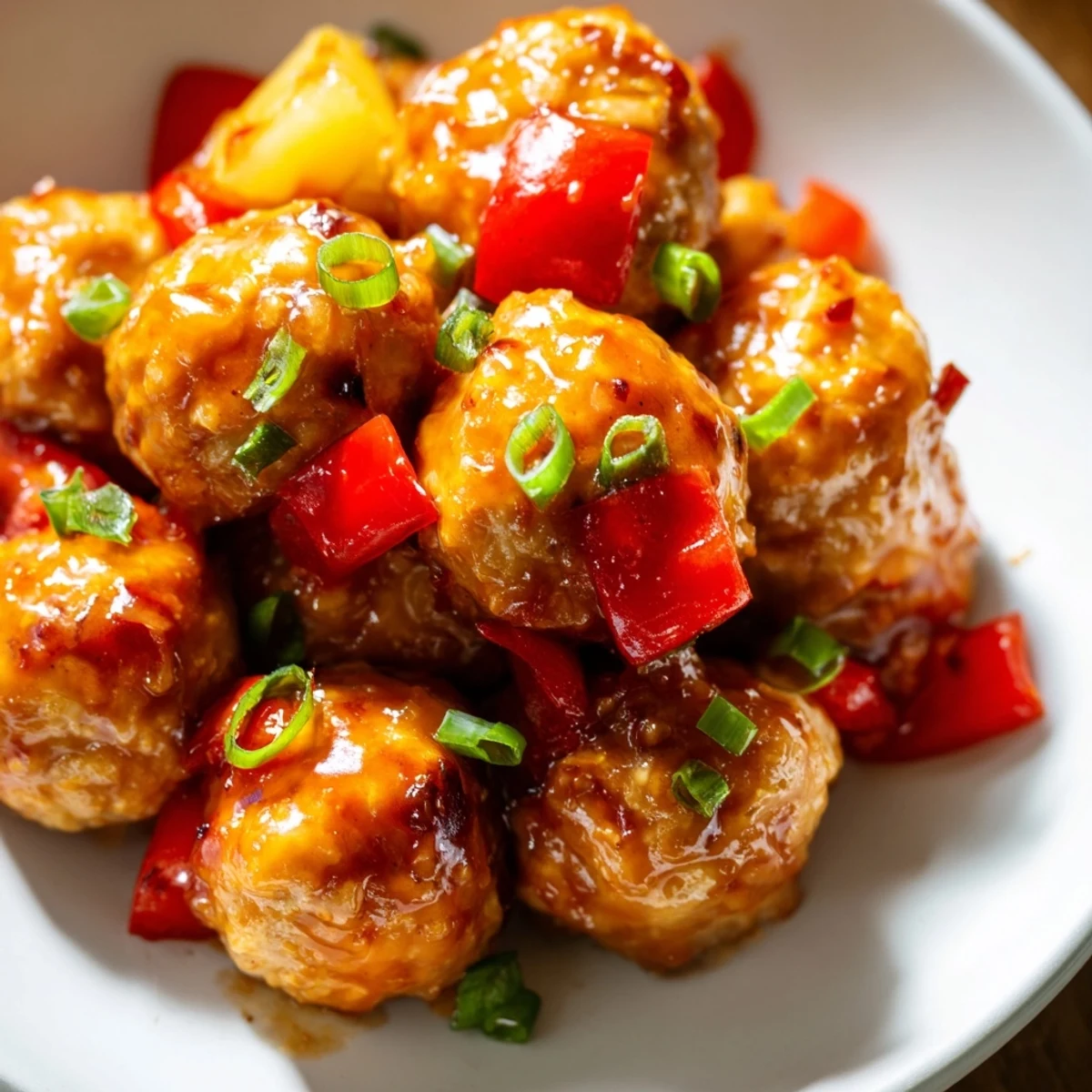Succulent pineapple meatballs in thick amber sauce served over white rice with sesame seed topping