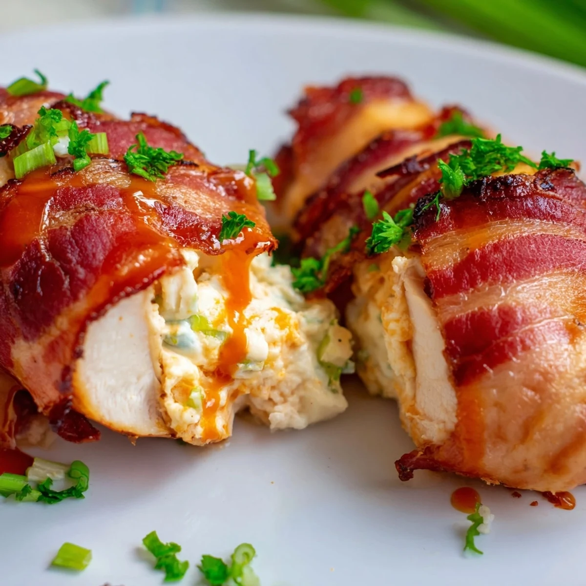 Golden Buffalo chicken bombs with melted cheese filling wrapped in crispy bacon strips