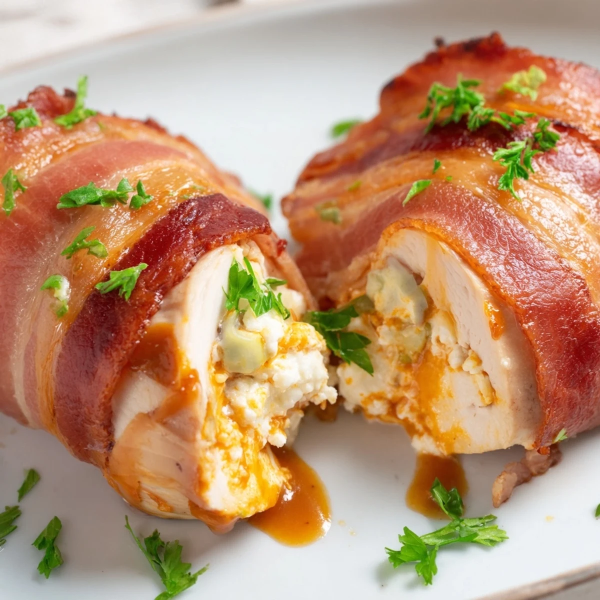 Crispy bacon-wrapped Buffalo chicken bombs oozing with creamy cheese and spicy buffalo sauce
