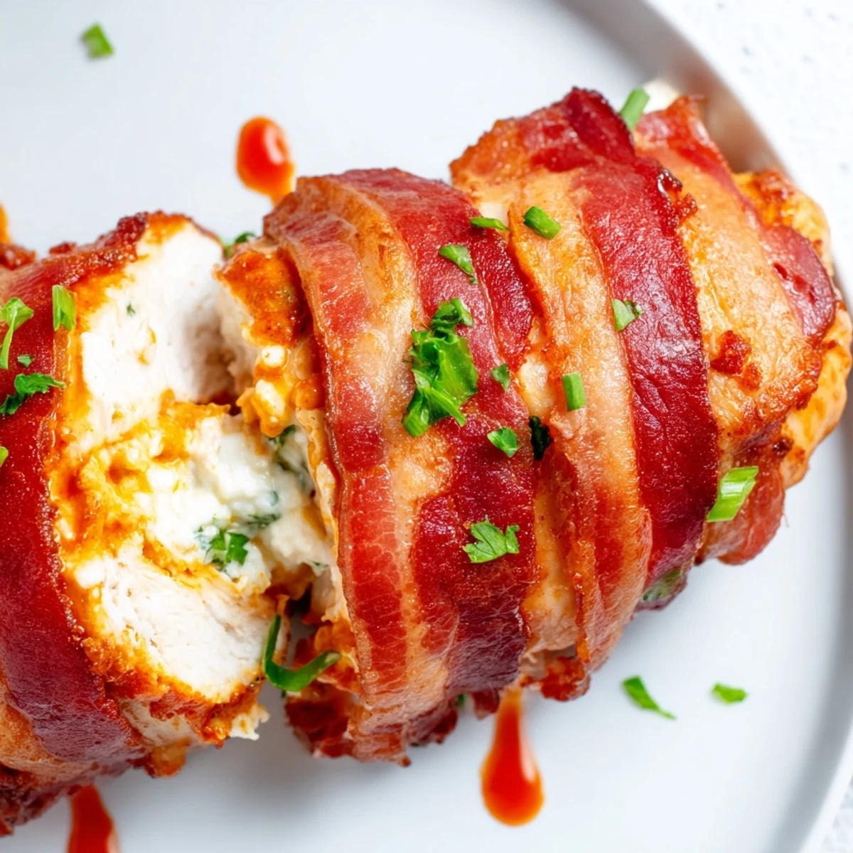 Juicy stuffed Buffalo chicken bombs featuring spicy buffalo cheese filling inside crispy bacon