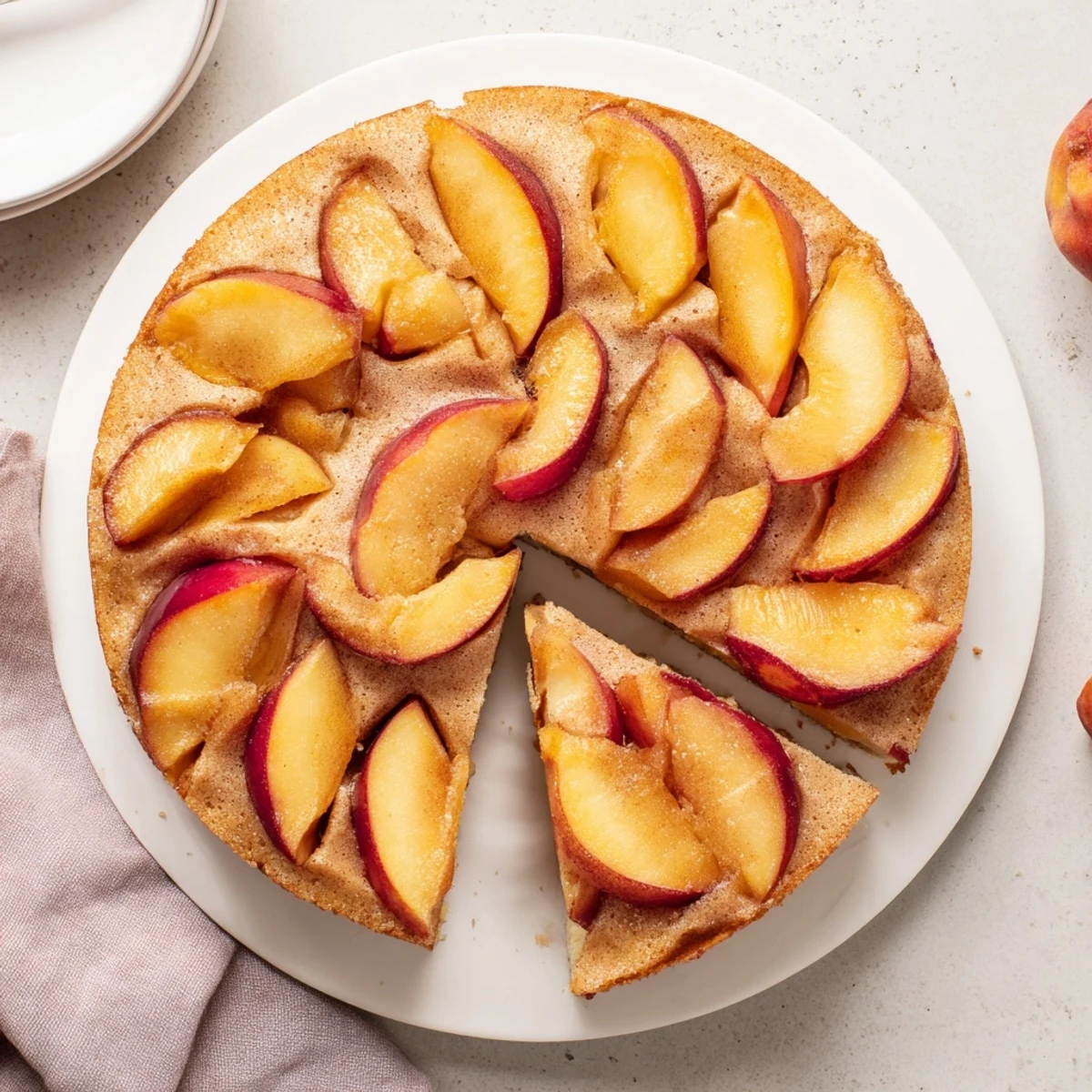 Golden summer peach cake topped with cinnamon-dusted peach slices arranged in a circular pattern