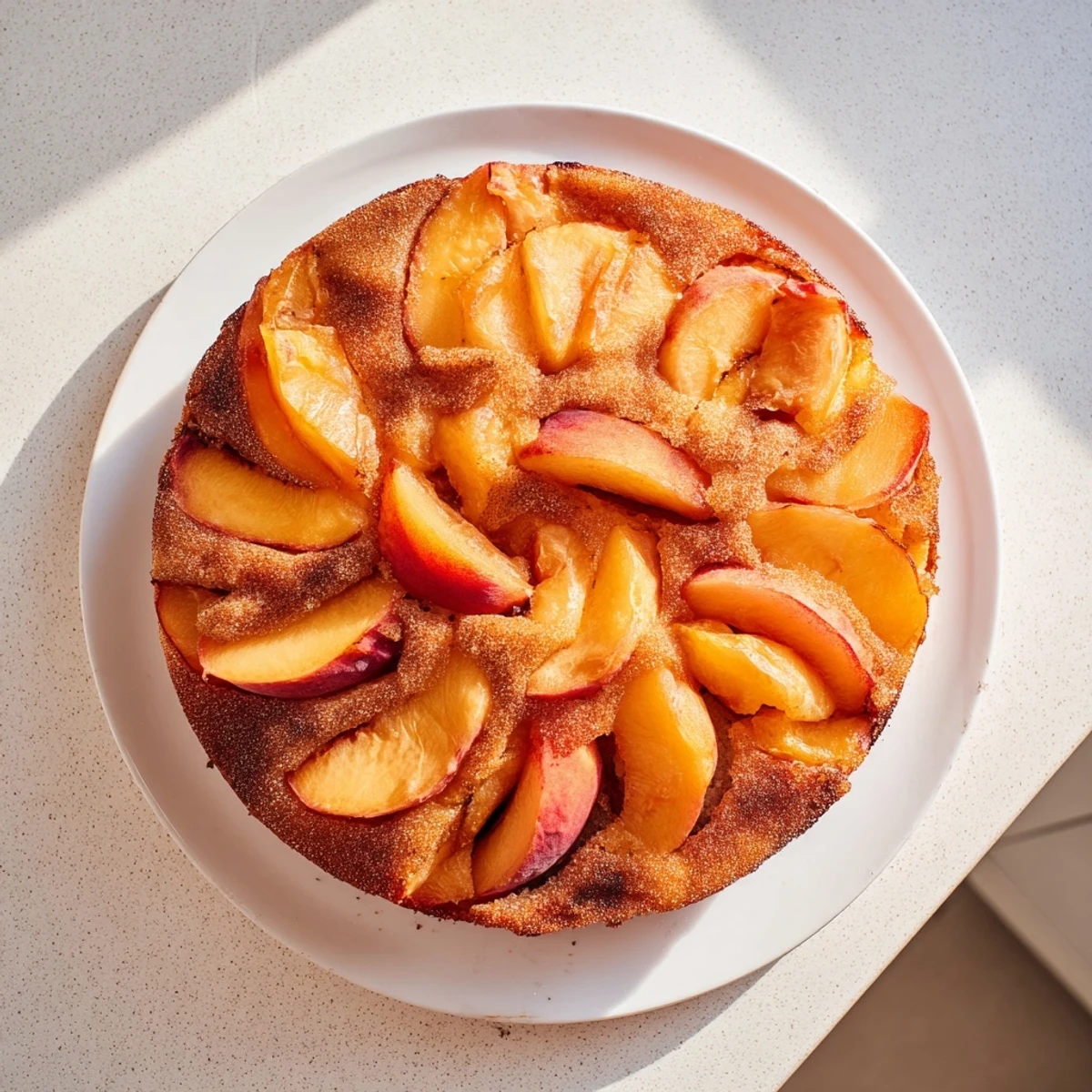 Moist vanilla cake studded with juicy fresh peaches and sprinkled with cinnamon sugar topping