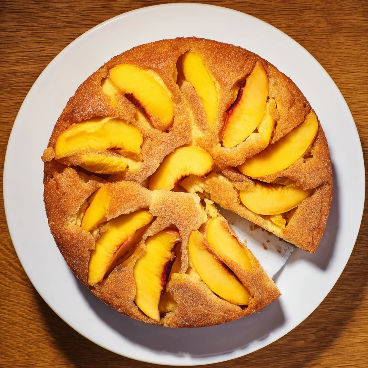 Slice of tender summer peach cake revealing golden crumb and bursts of sweet fruit