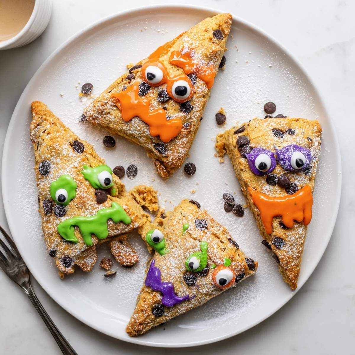 Golden pumpkin scones topped with colorful glaze and playful monster candy faces for Halloween