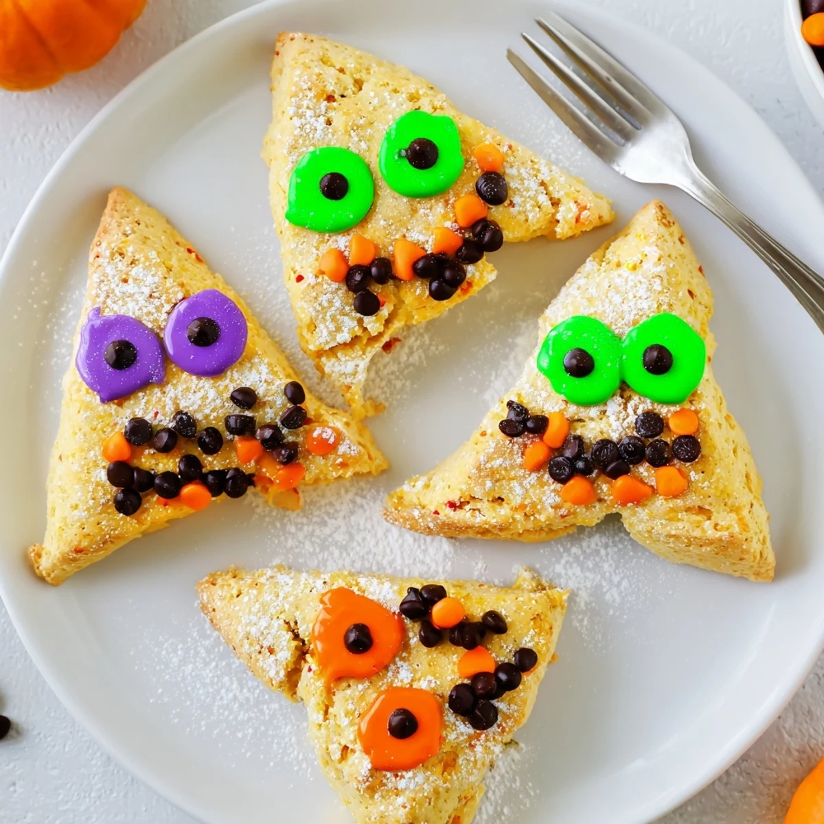 Festive autumn scones with orange glaze and goofy monster expressions ready for Halloween parties
