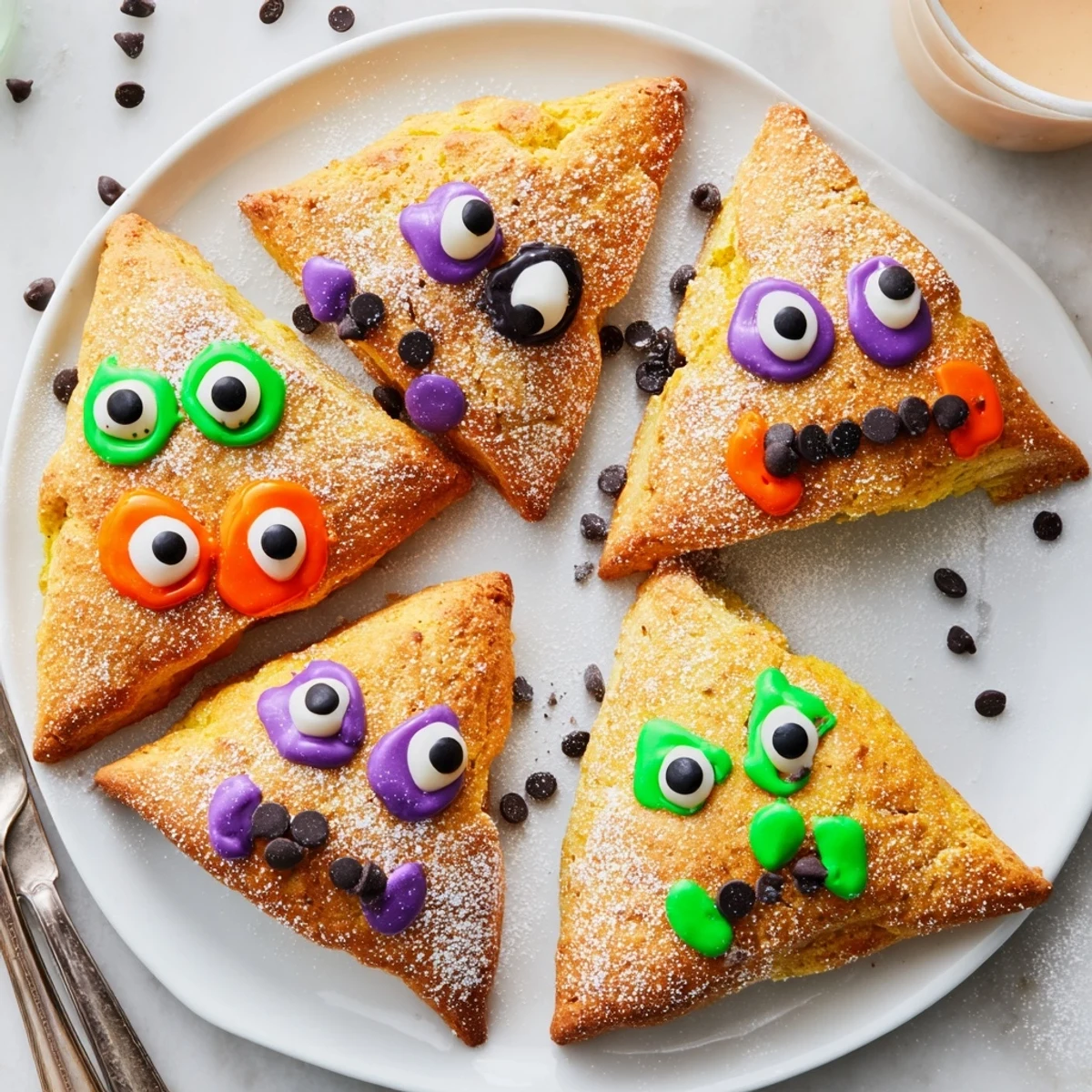 Spiced Monster Face Pumpkin Scones decorated with candy eyes on white parchment baking sheet