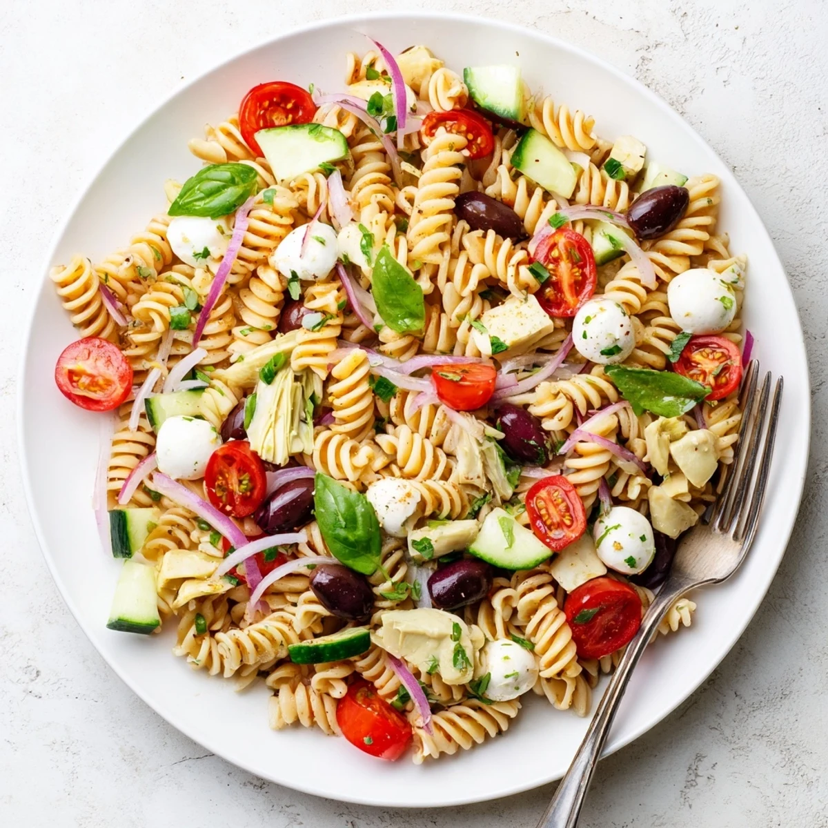 Zesty Italian vegetarian pasta salad featuring cherry tomatoes, cucumbers, and olives tossed in herb dressing