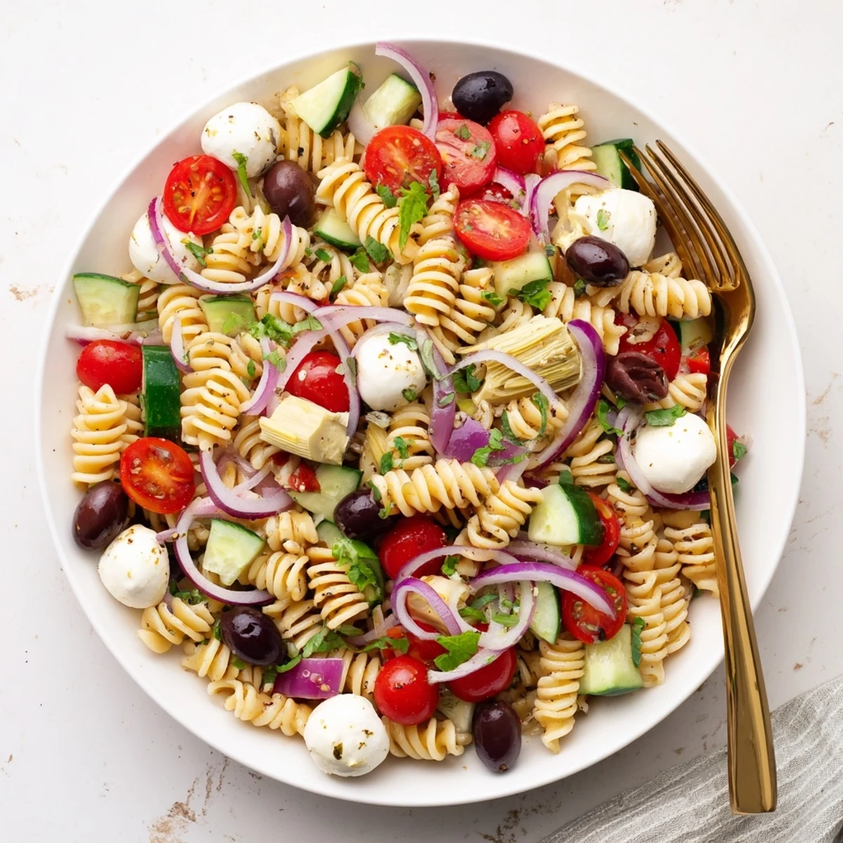 Refreshing Italian vegetarian pasta salad with Mediterranean vegetables and cheese perfect for summer gatherings
