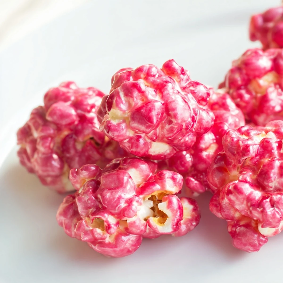 Homemade pink popcorn featuring crunchy pink candy-coated pieces scattered across a rustic wooden board