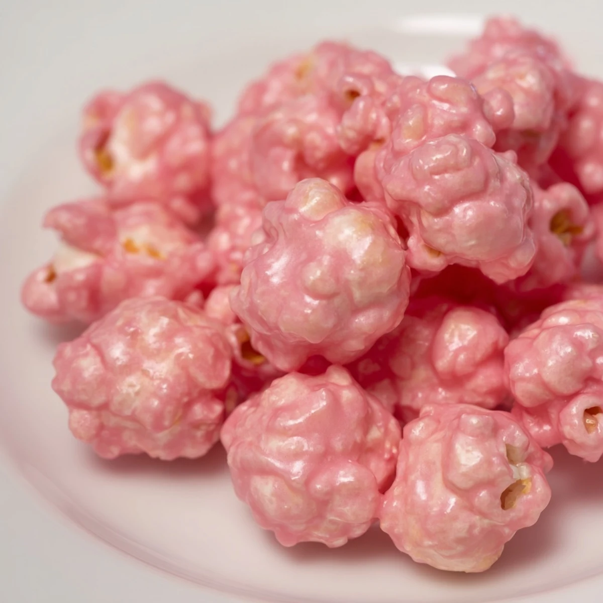 Pink popcorn recipe showcasing rosy vanilla-glazed kernels arranged in a festive white serving bowl