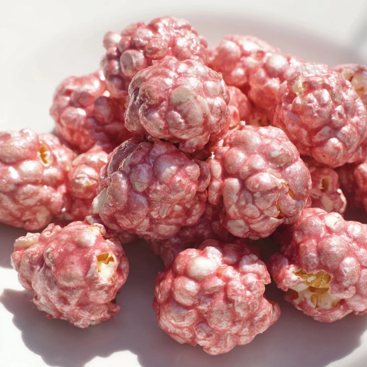 Sweet pink popcorn recipe displaying glossy rose-tinted clusters stacked on a parchment-lined baking sheet