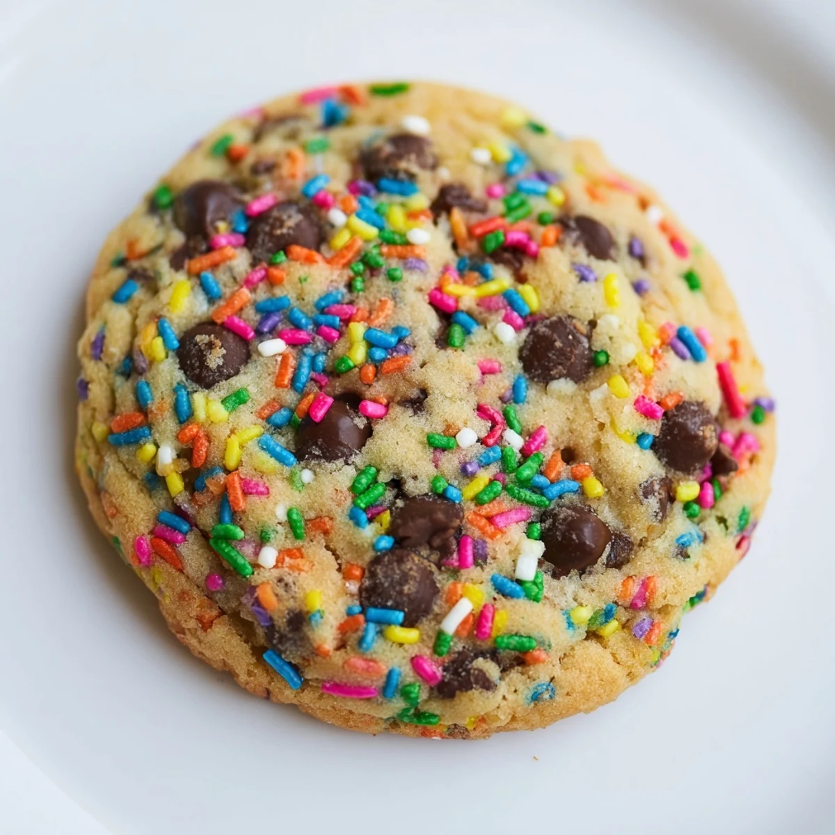 Soft chocolate chip sprinkle cookies with colorful rainbow bits on a cooling rack