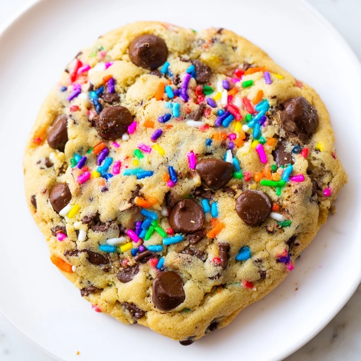 Golden homemade chocolate chip sprinkle cookies fresh from the oven with melty chips