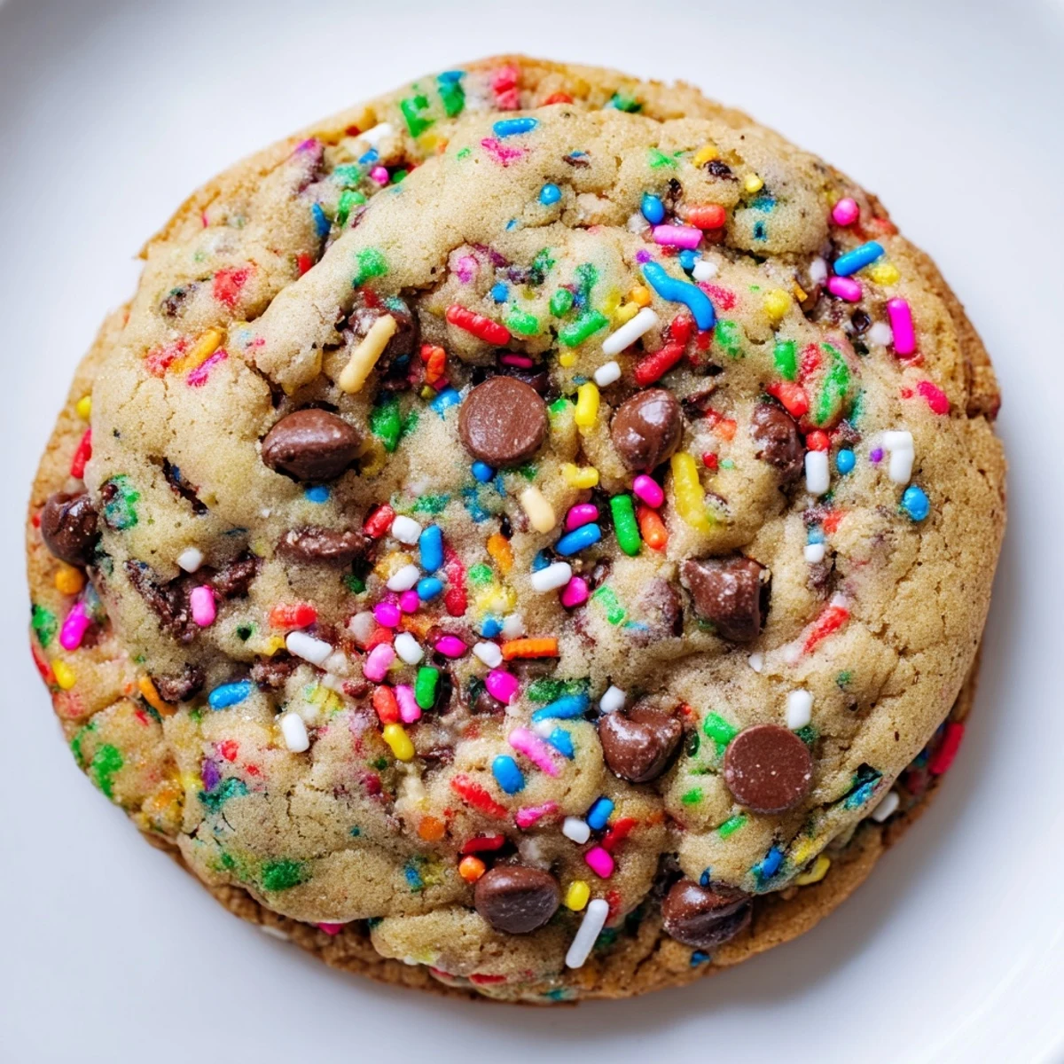 Stack of soft chewy chocolate chip sprinkle cookies loaded with chocolate and rainbow toppings