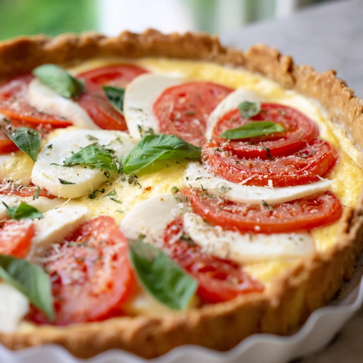 Golden savory tomato basil tart with bubbling cheese and fresh basil garnish on a flaky pastry crust