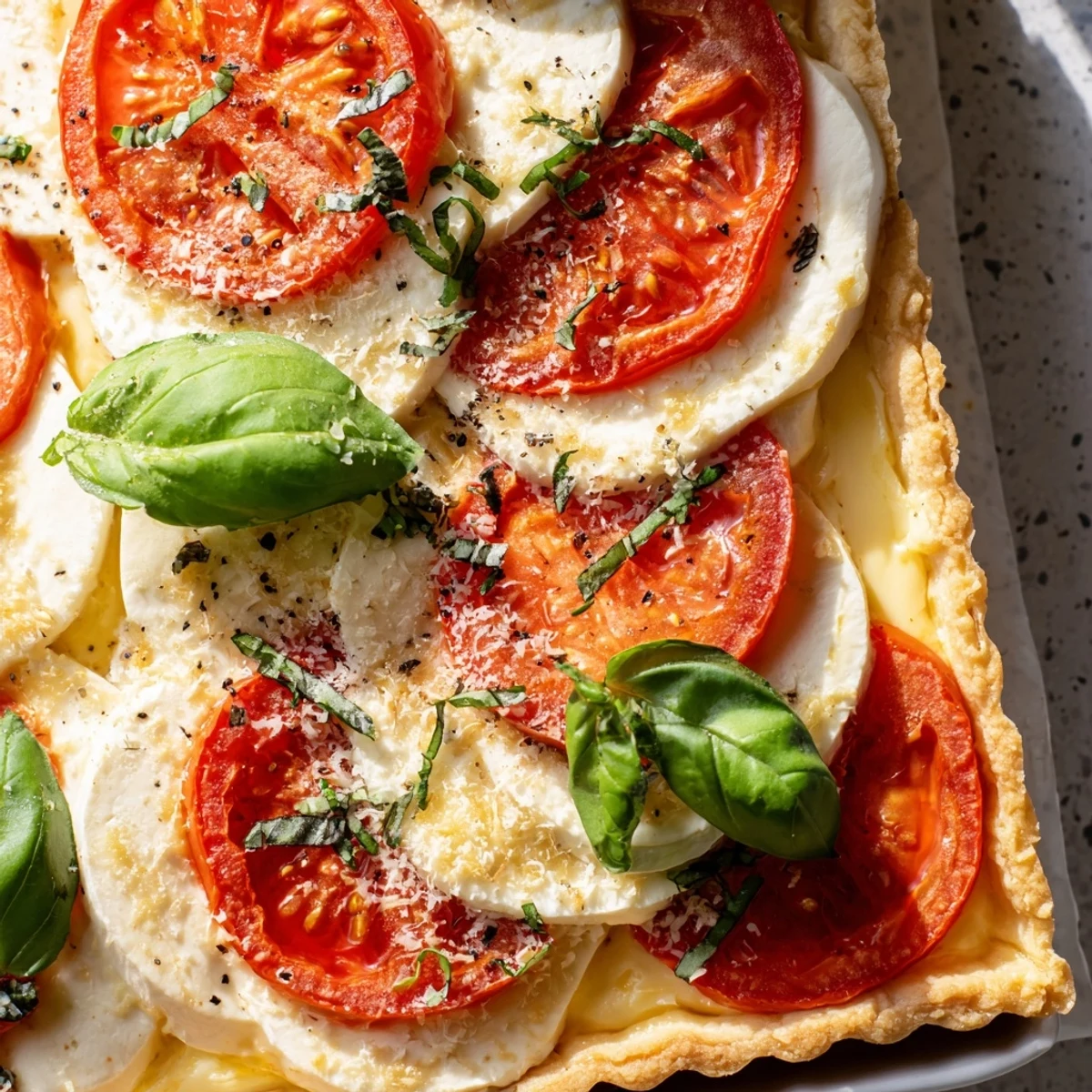 Savory tomato basil tart served warm with melted parmesan and fragrant fresh basil on buttery crust