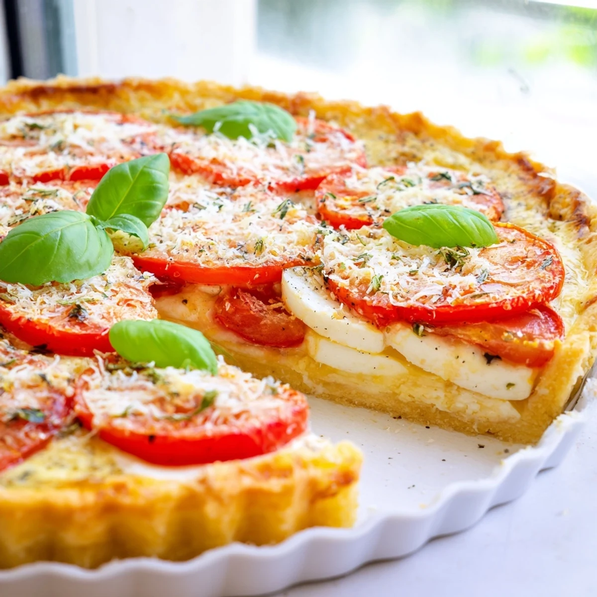 Rustic French tomato basil tart featuring layered mozzarella slices and ripe red tomatoes on golden puff pastry
