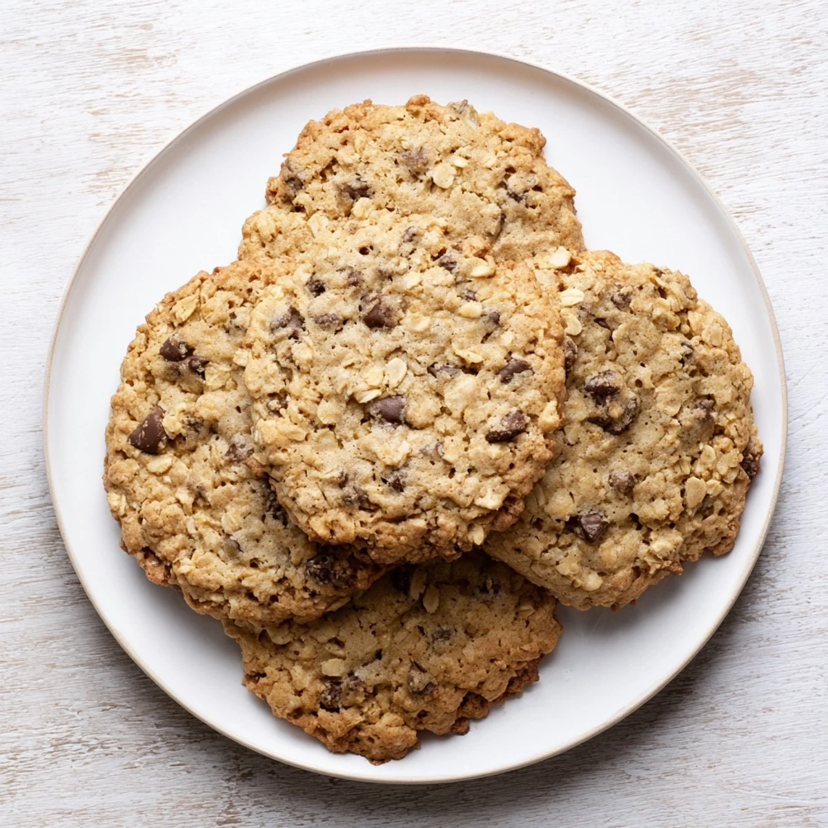 Golden classic oatmeal chocolate chip cookies with melty chocolate chips on a wire cooling rack